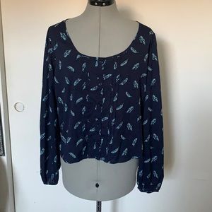 Dark blue feather print button up blouse M / L
